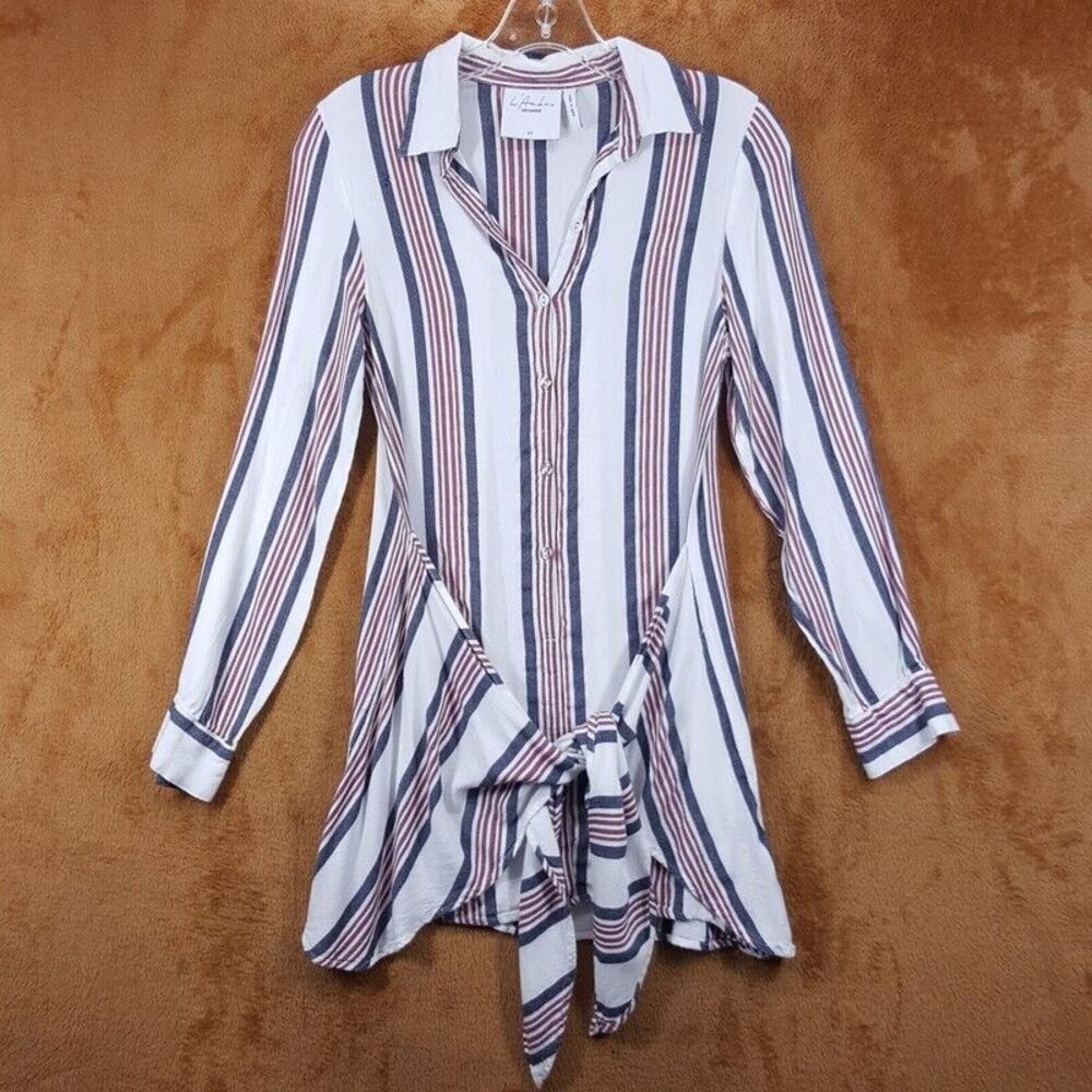 L'ACADEMIE Top Womens XS White Stripe Pullover Tie Front Tunic Long Sleeve